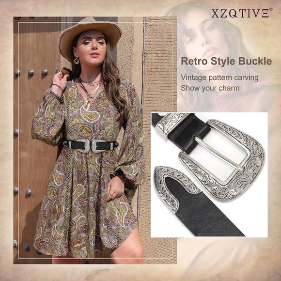 Women Leather Belt Ladies Vintage Western Belt Retro Cowgirl Leather Belt Black